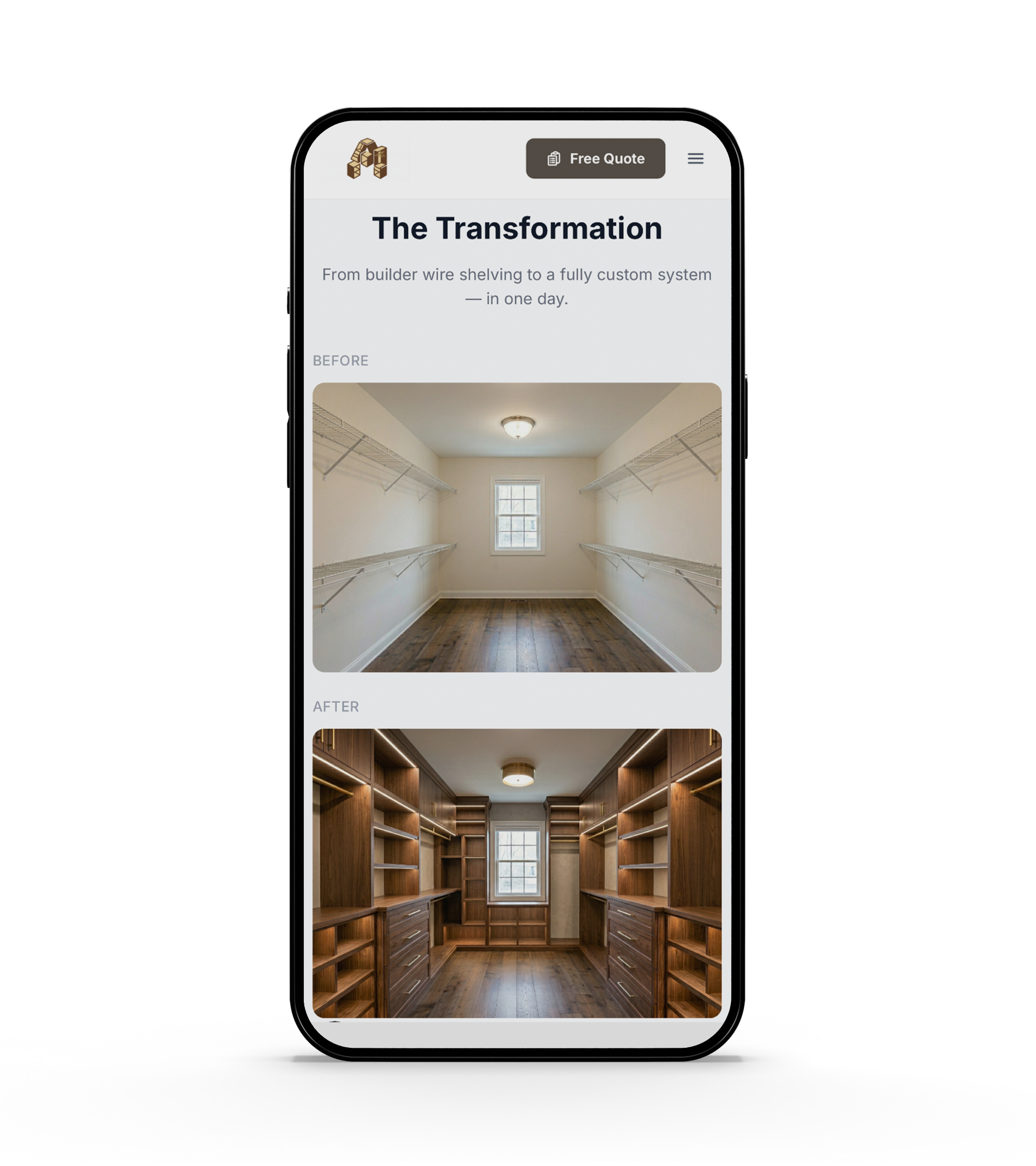 Before/after transformation section — mobile